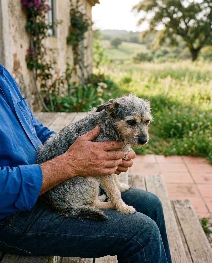 As mãos de um homem a segurar com cuidado um cão pequeno e nervoso ao colo, num alpendre