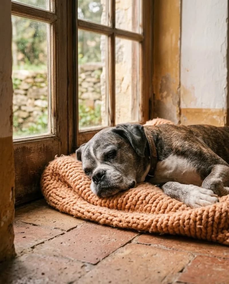 Um cão velhinho a descansar numa manta de tricô junto à janela