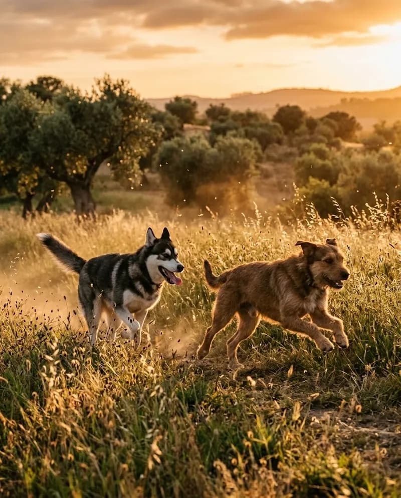 Dois cães a correr um atrás do outro num campo ao fim da tarde