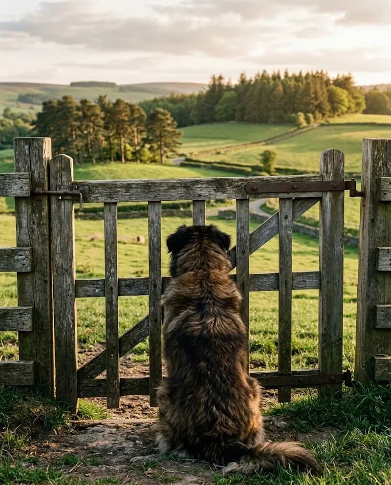 Um cão a espreitar o campo por um portão de madeira