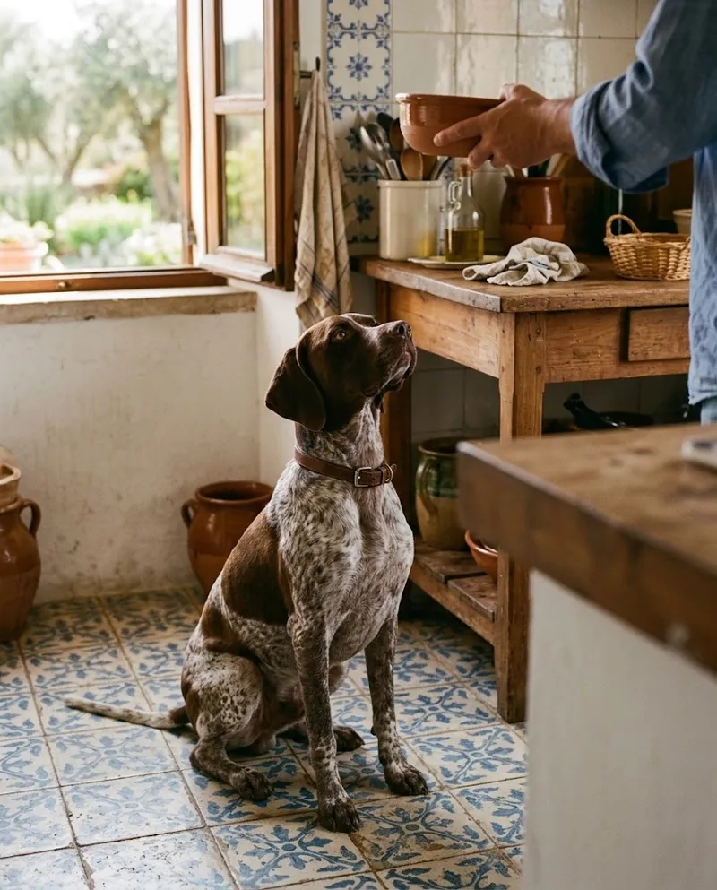 Um cão à espera, paciente, no chão de mosaico da cozinha