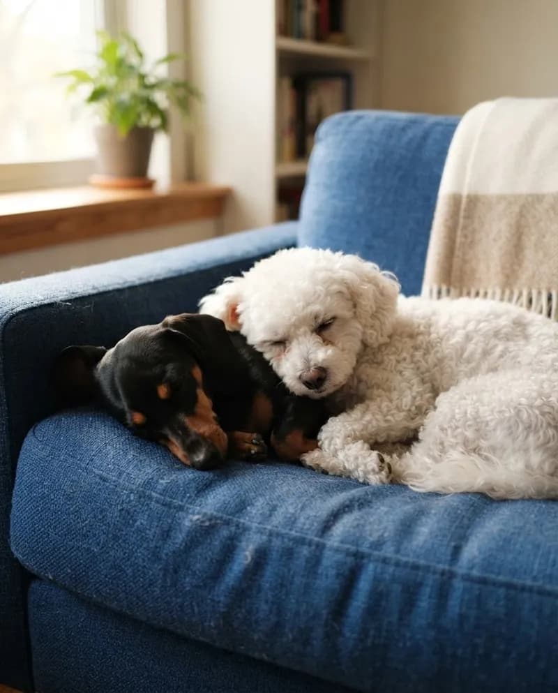 Dois cães pequenos a dormir juntos numa almofada do sofá