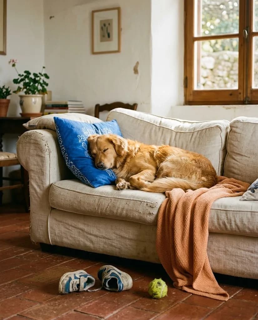 Um cão a dormir no sofá de uma casa de campo, com os ténis das crianças no chão