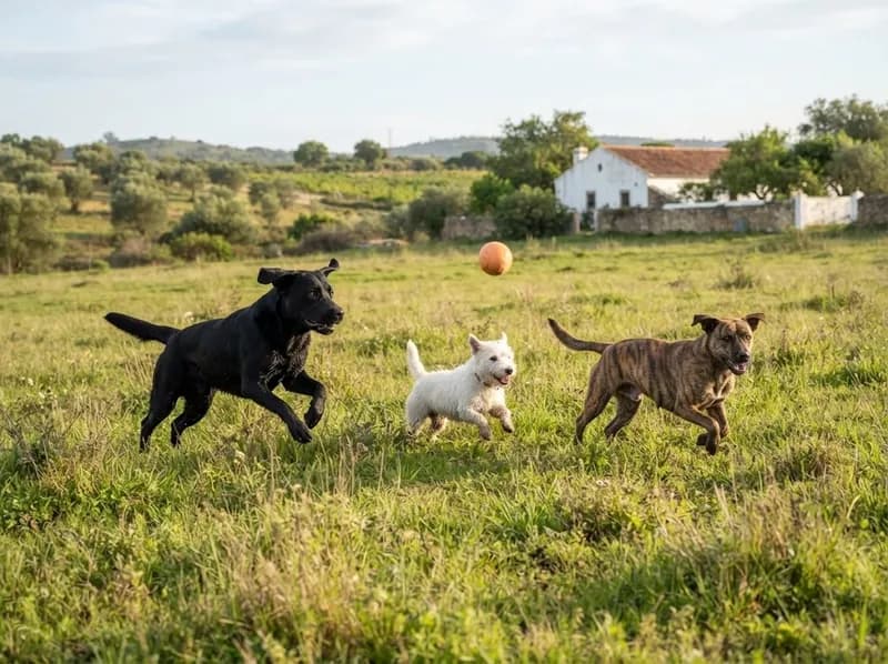 Três cães de tamanhos diferentes a correr juntos num campo verde