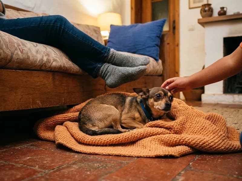 Um cão pequeno enroscado numa manta aos pés do sofá numa sala de família