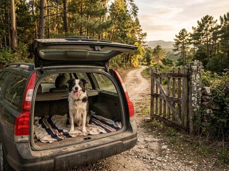 Um cão contente a espreitar da bagageira aberta de um carro junto a um portão de campo